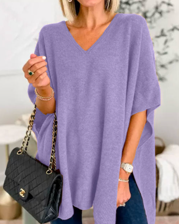 ERICA - V Neck Loose Fit Solid Poncho Tee