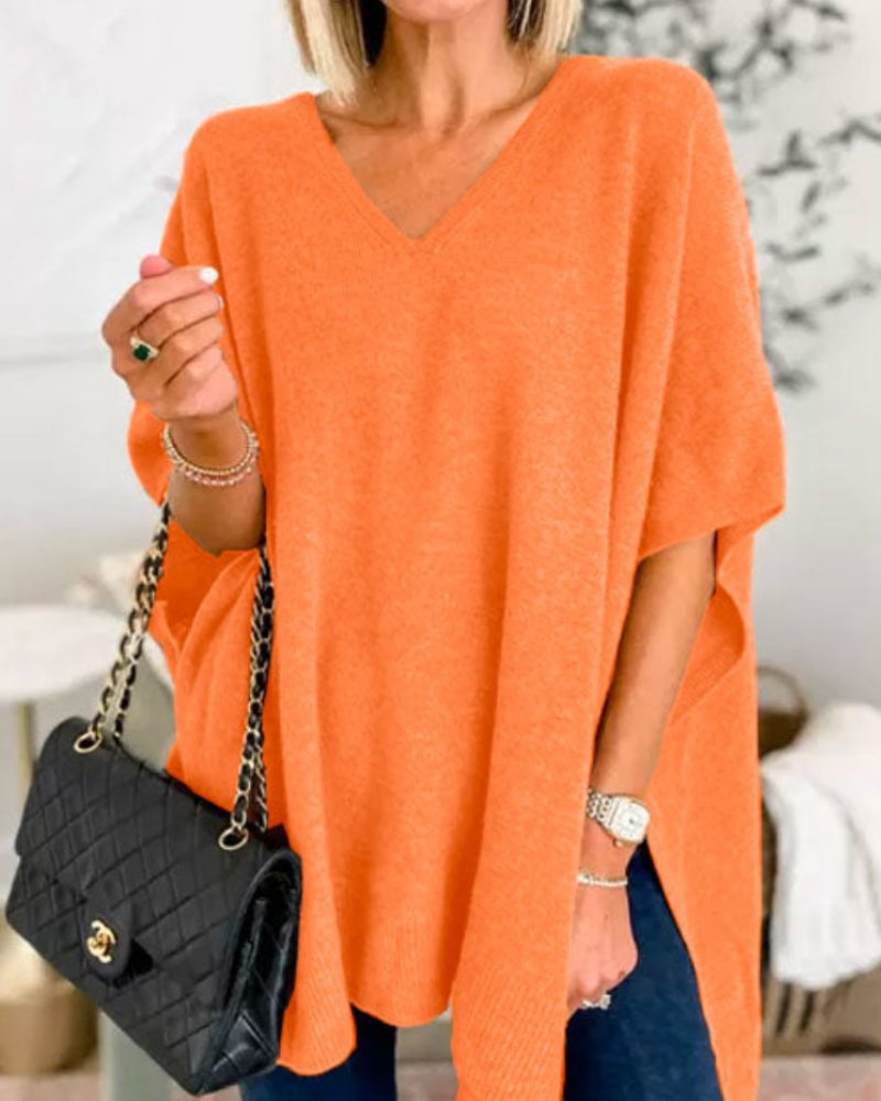 ERICA - V Neck Loose Fit Solid Poncho Tee