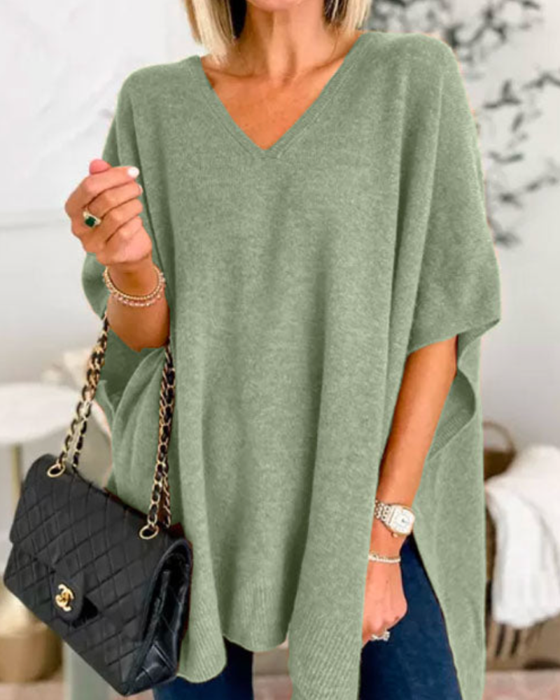 ERICA - V Neck Loose Fit Solid Poncho Tee