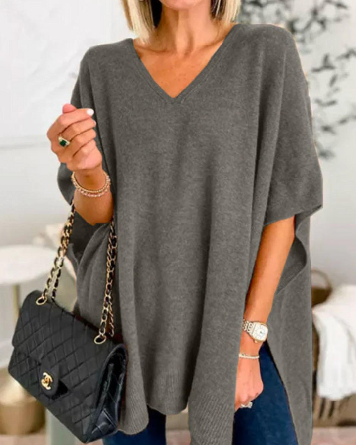 ERICA - V Neck Loose Fit Solid Poncho Tee